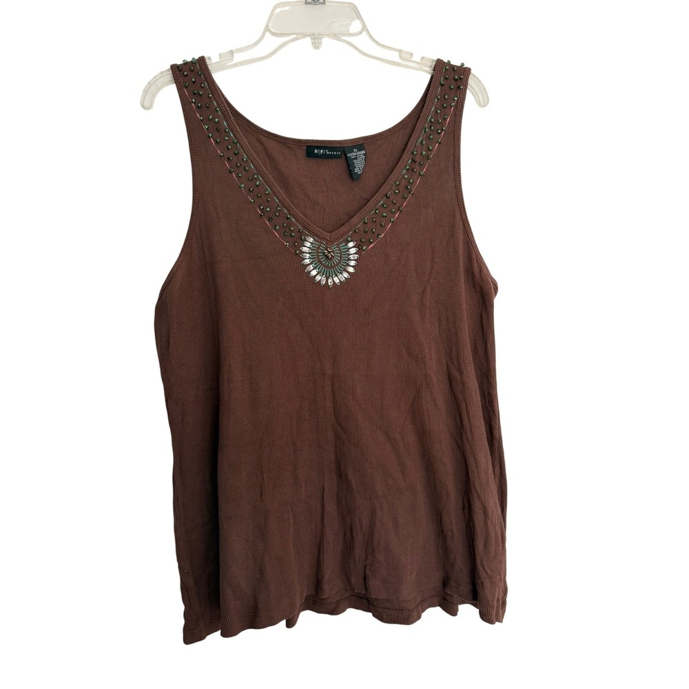 Mixit Woman Brown Ribbed Beaded V-Neck Tank Plus Size 3X Cotton Boho Sleeveless